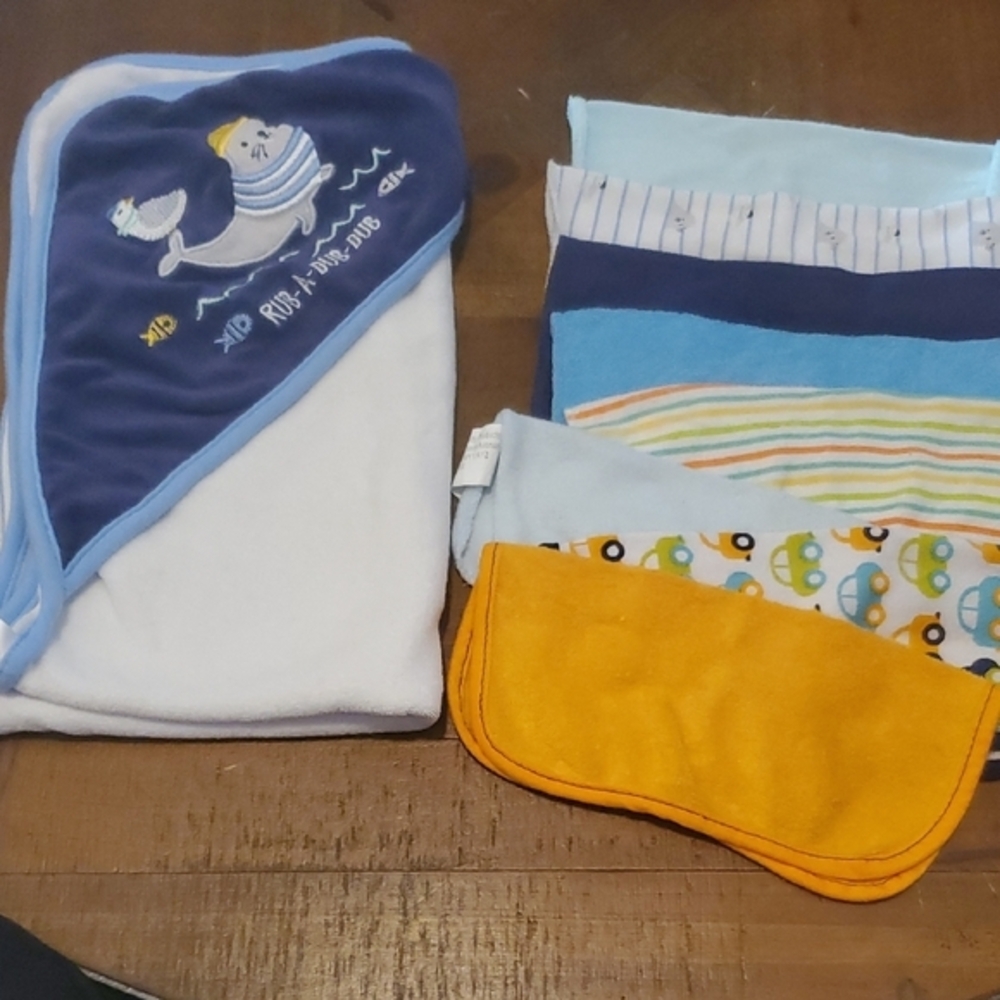 Nautical Kids Hooded Towel and Washcloth Set - Blue, White, and Orange